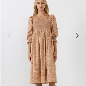 NWT English Factory Smocked Tan Floral Puff Sleeve Midi Dress Women's Size S